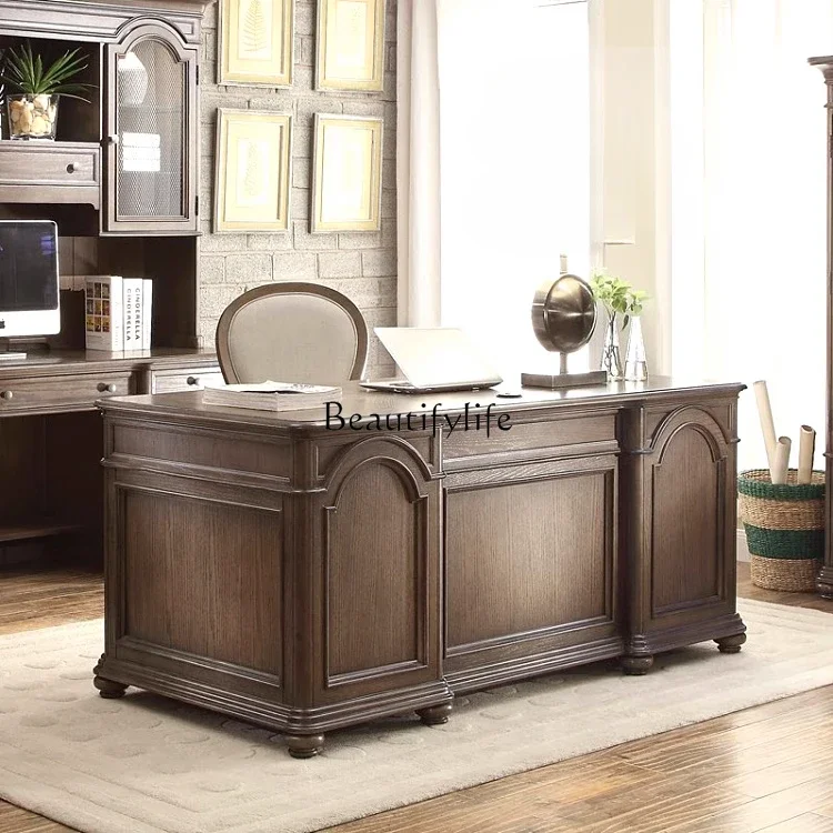 jj * Scrivania angolare in rovere vecchio studio retrò europeo, legno massello americano