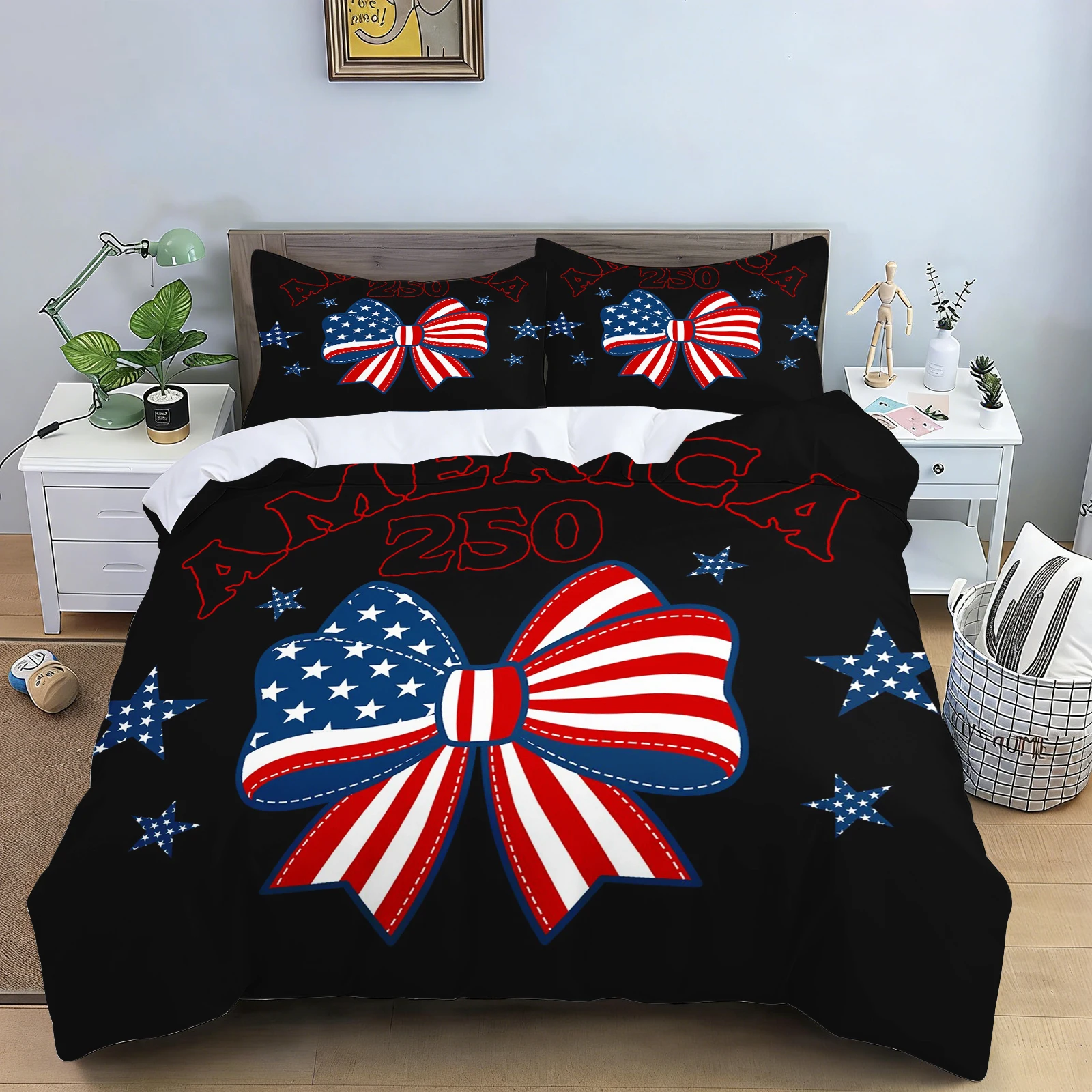 4th of July American Independence Day Bedding Set 3PCS US Flag Print Duvet Cover + Pillowcases for Bedroom Decor