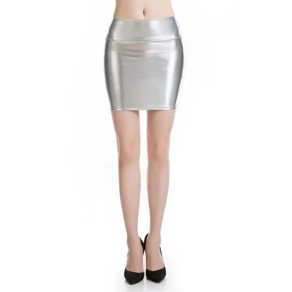 Womens Metallic Silver Pencil Skirt Sexy Bodycon Mini Skirts Streamline Shape Stage Performance Party Club Wear Cloth