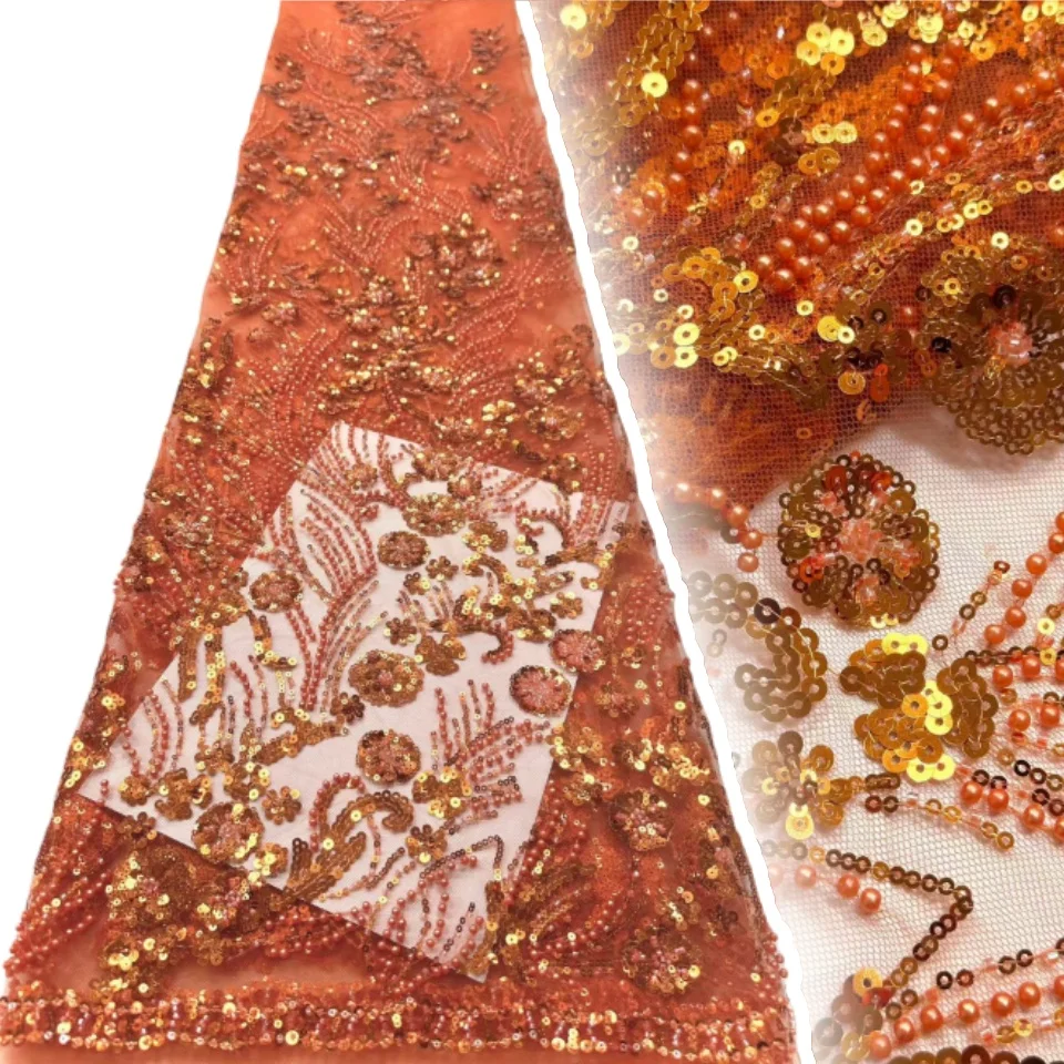 

Newest African Beaded Tulle Lace Fabric French Nigerian Sequins Mesh Lace Fabric for Wedding Party Evening Dress Sewing CC1094