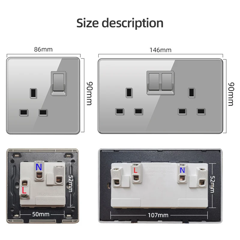 PSSRISE EU UK Wall Switch Socket with 5V 3.1A USB Type-c Fast Charger Full Tempered Glass Panel Light Switch TV Computer Outlet
