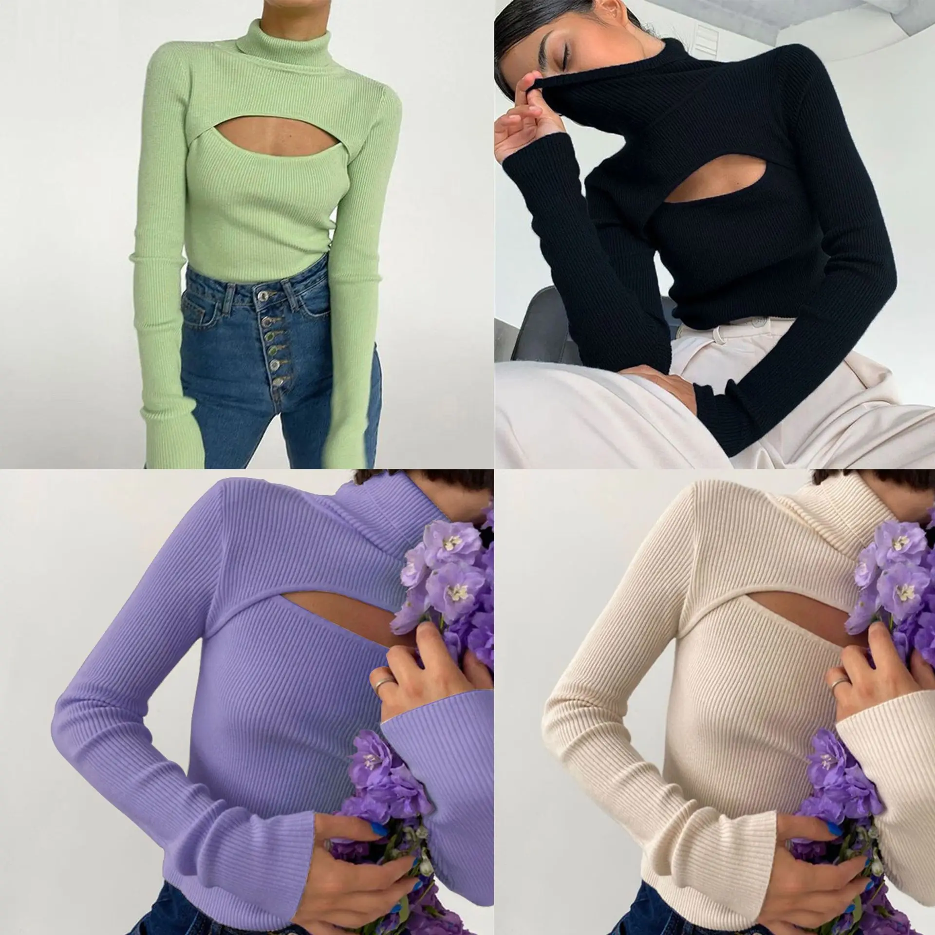 Damski golf z długim rękawem Vintage Pullovers Hollow Out Sweater Korean Style Chic Slim Autumn Y2k Tops Ofiice Lady Clothes