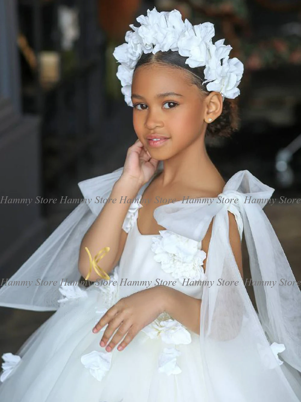 Kids First Communion Dress Custom White Tulle Ball Gown Birthday Party es Bow Pearls Puffy  Wedding Flower Girl 