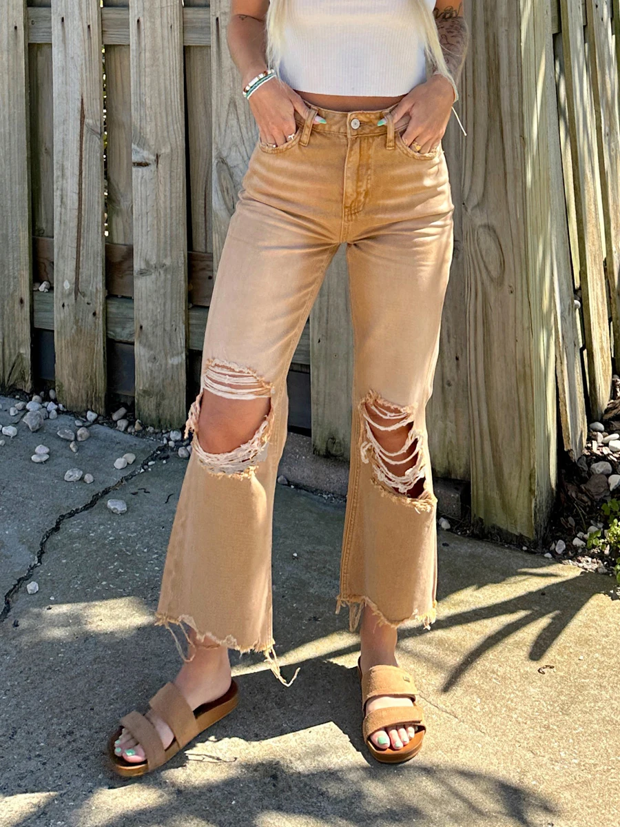 

Women Fashion Retro Ripped Jeans Solid Color High Waist Distressed Flared Denim Pants Casual Frayed Wide Leg Trousers Streetwear