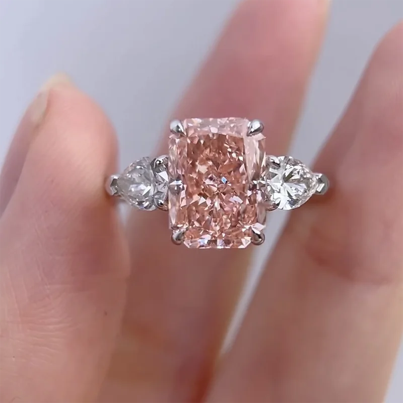 3Ct Fancy Pink VS/VVS Radiant Cut CVD&HPHT Lab Grown Diamond 3 Stone Ring Pink Diamond Radiant Ring 14K Gold Three Stone Ring