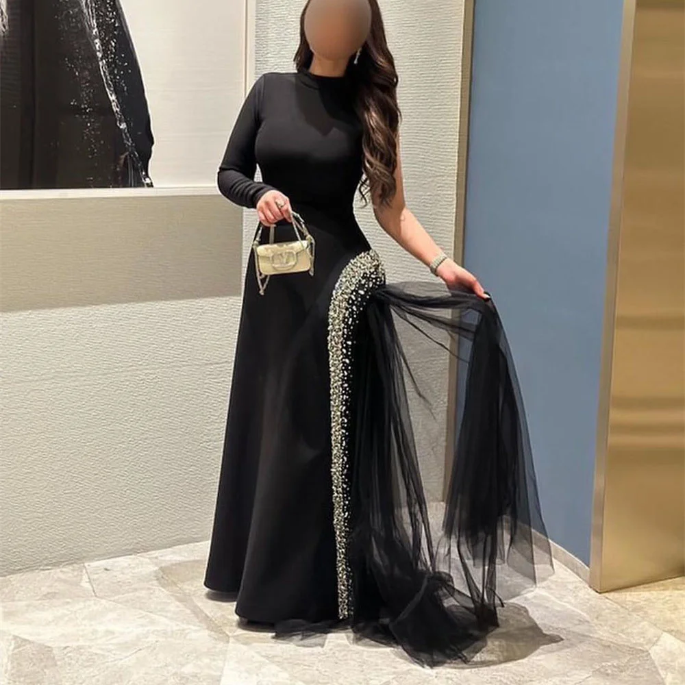 ROYET Crystal Luxury O Neck Long Sleeve Mermaid Evening Party Dress Floor Length Sweep Train Pleat Prom Gown Customized 2024