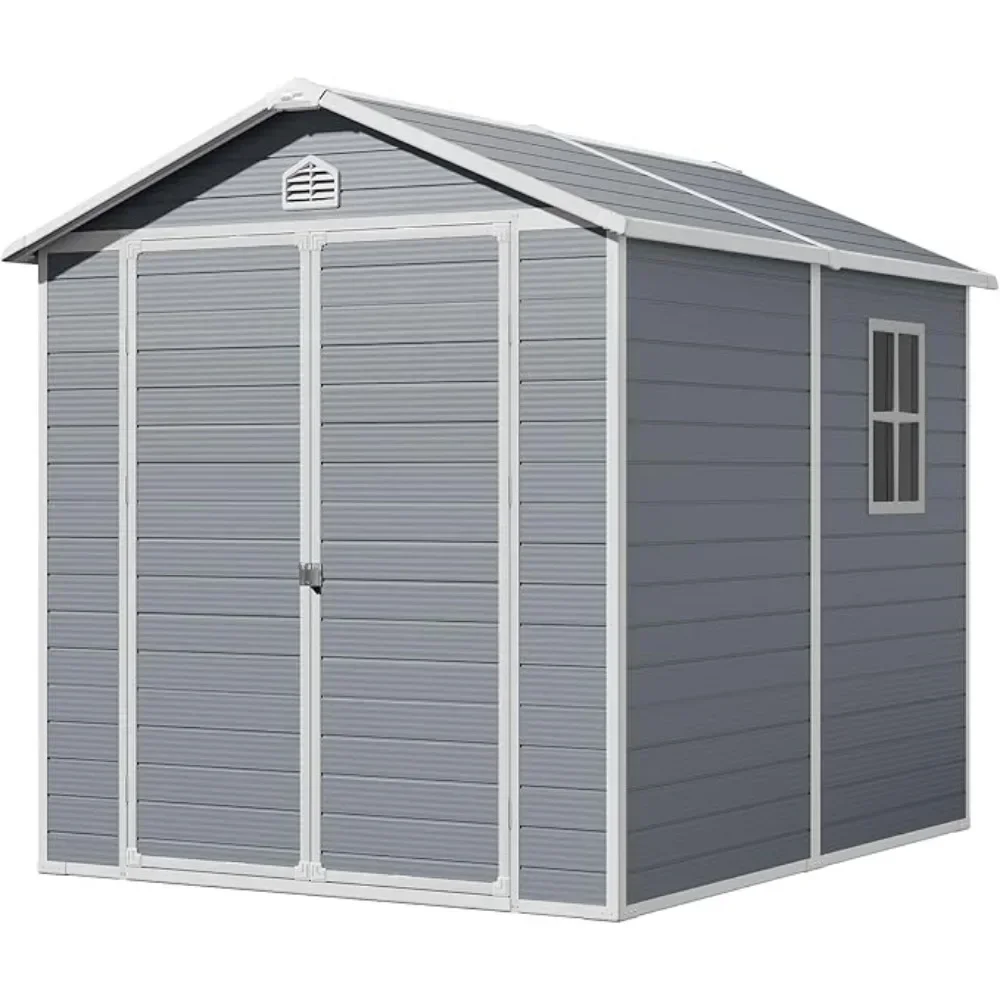 Outdoor Storage Shed, Resin Storage Shed with Floor & Lockable & Window Door for Patio Furniture, Bicycle, Grey & White