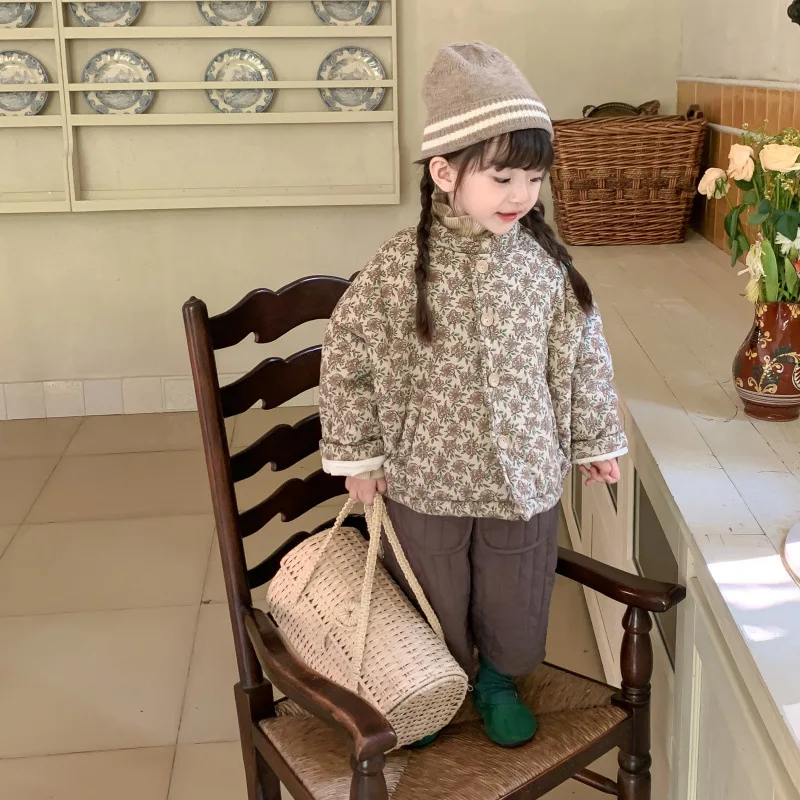 

Korean Girl's Vintage Floral Cotton Jacket Winter New Stylish Padded Thickened Coat Baby Cotton Jacket