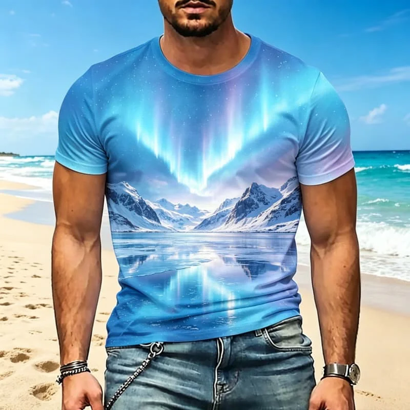 Large scale natural scenery printed men's short sleeved T-shirt, for summer travel, natural exploration & daily dressing