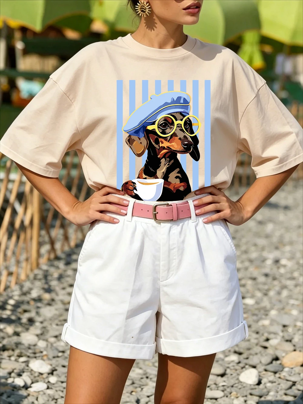 Dackel-Illustrationsdrucke T-Shirts Baumwolle Damen Sommer Oversize-Tops Weiches O-Ausschnitt Kurzarm-T-Shirt Basic Damenbekleidung – Detail 13