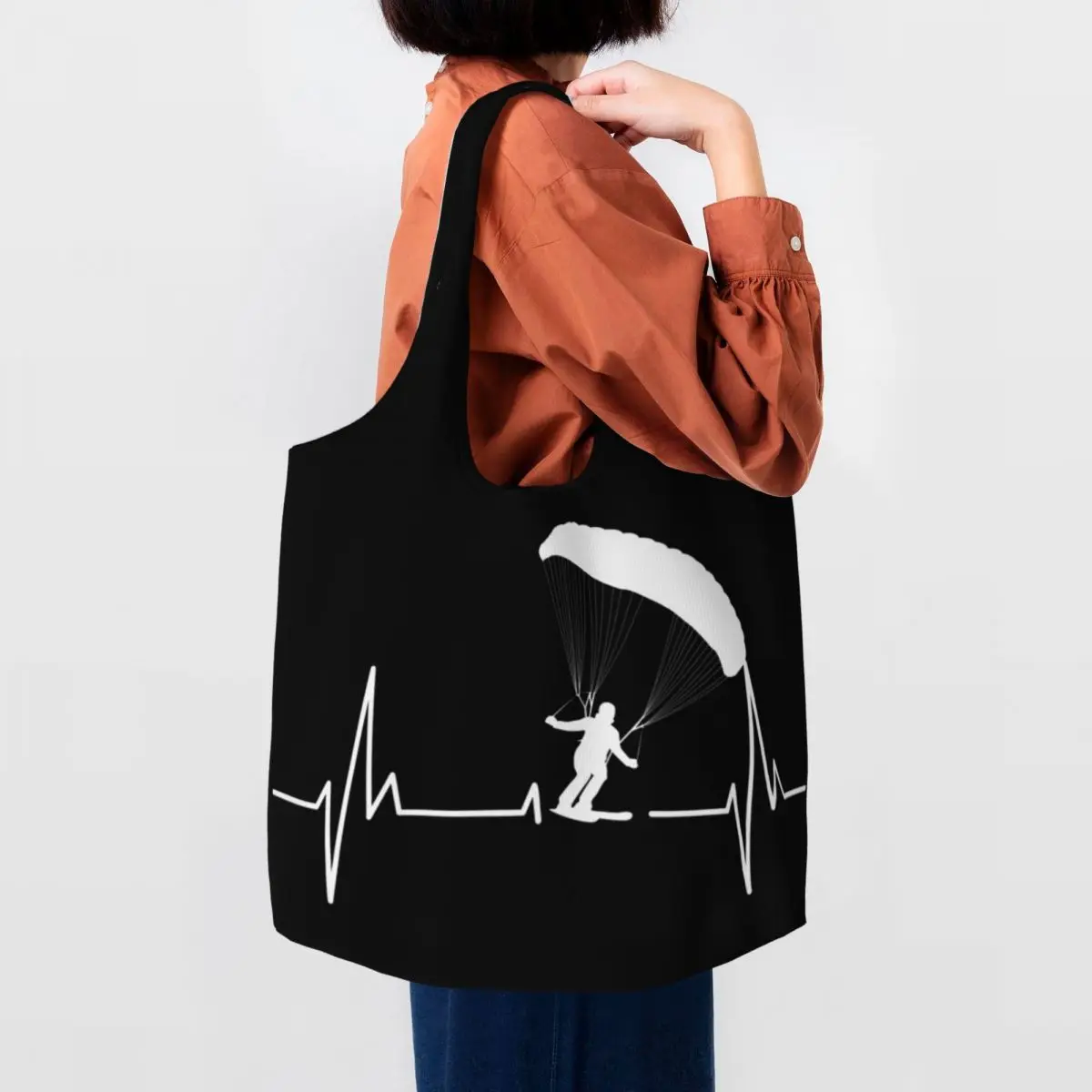 Cute Speedgliding Heartbeat Paragliding Ski Shopping Tote Bags Paramotor Parachute Grocery Canvas Shoulder Shopper Bags Handbags