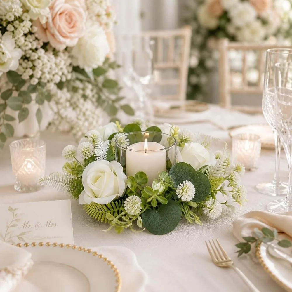 Rose Wreath Candle Holder Artificial Green Leaves Table Ornaments Pillar Candle Holder Centerpiece Decoration Exquisite