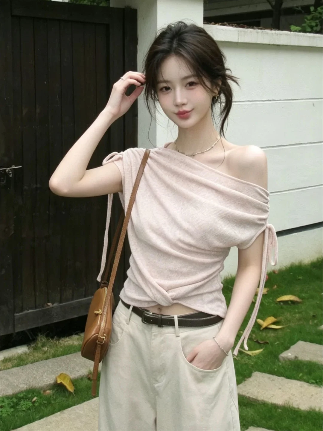 Korean Style Sweet Spicy Pink Tie Dye Shoulder Top Women's Summer New Short Sleeve Design Sensation  Fashion T-shirt