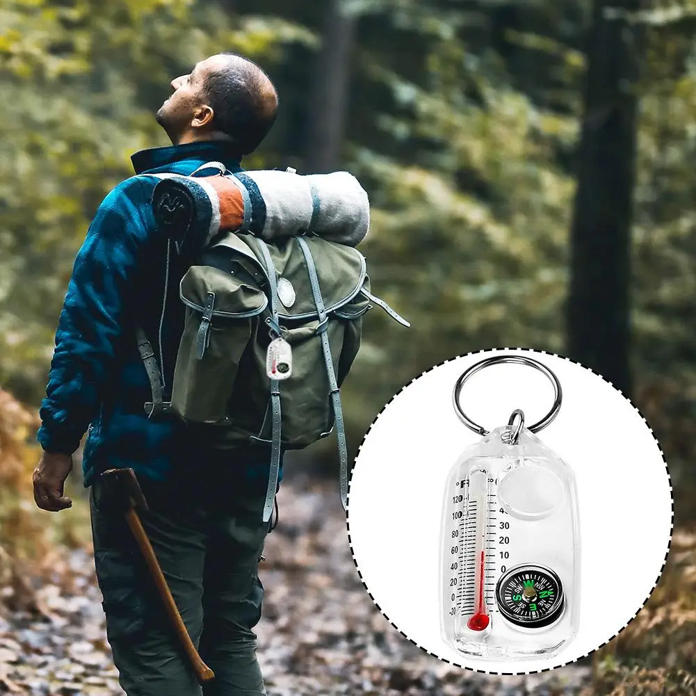 Outdoor Mountaineering Hiking Compass Portable Luminescent Tool Accurate Keychain Outdoor Thermometer Compass Survival 3 In F8R9