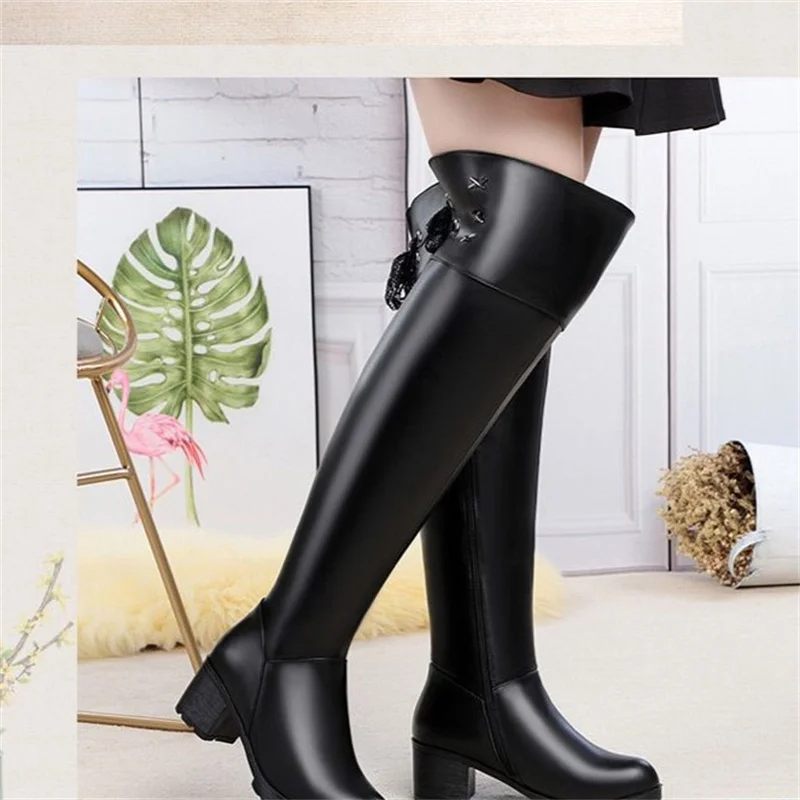 bright  hight boots women tall cylinder  really leather   shoes designer softable wool inside  lady warm winter water proof