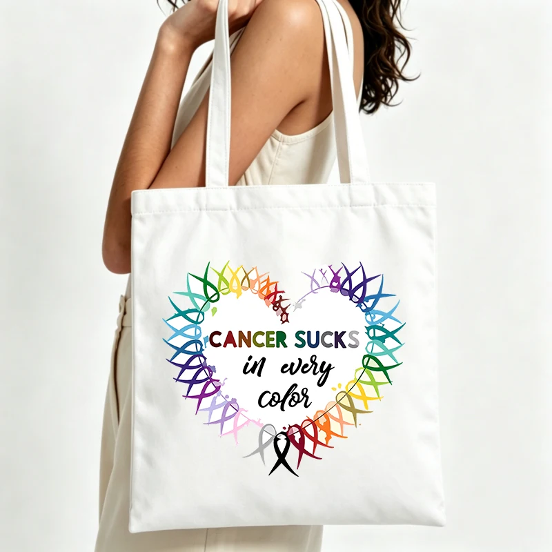 cancer awareness ribbon heart graphic canvas tote bag, casual style for daily use and advocacy events