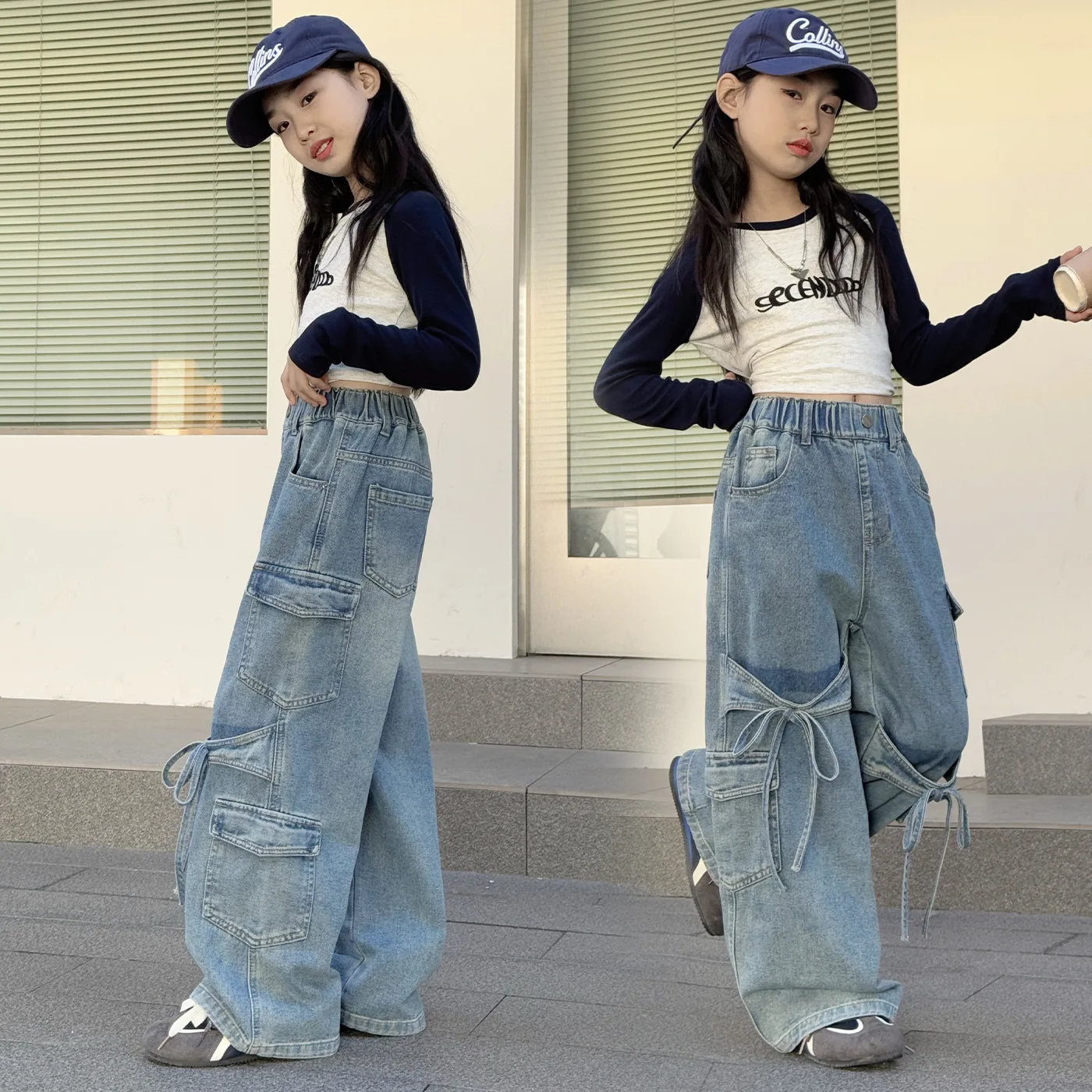 Teen Girls Loose Wide Leg Jeans Child Multi-Pocket Bow Embellished Cargo Pants Spring Autumn Kids Fashion Casual Denim Trousers