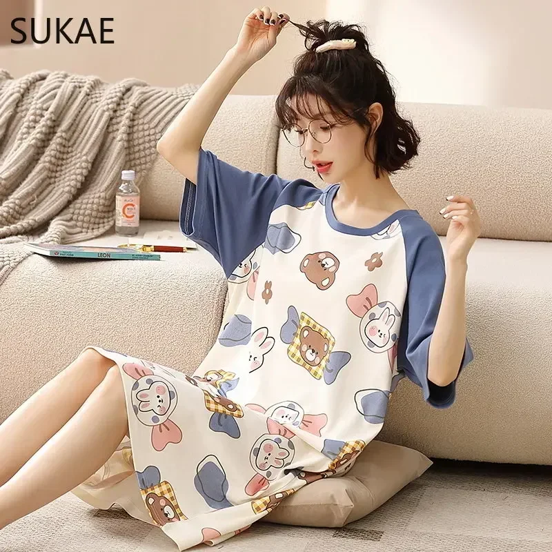 SUKAE M-5XL Women Dress with Bra Pads Summer Nightdress Cotton Sleepshirt Leisure Nightgowns Long Dressings Lingerie for Woman