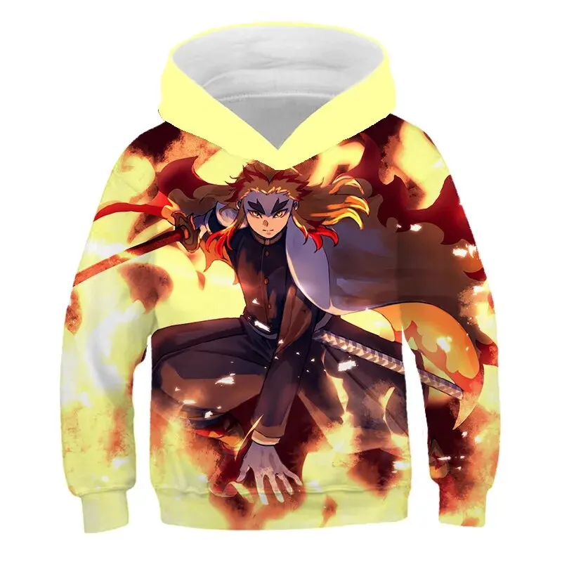 2023 New 4-14T Spring Autumn Fashion Children\'s Demon Slayer 3D Print Hoodie Boy Cartoon Long Sleeve Casual Hooded Tops Clothing