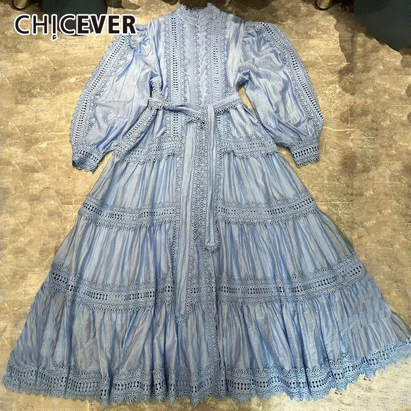 

CHICEVER Embroidery Spliced Lace Pleated Dress For Women Stand Collar Lantern Sleeve High Wiast Hollow Out Solid Dresses Female