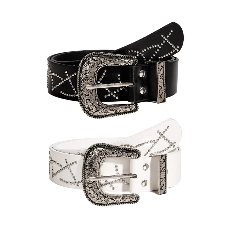 

Fashion Carved Buckle Belt for Adult Women Western Waistband Rivet Studded Belt Vintage Buckle Waiststrap for Dresses