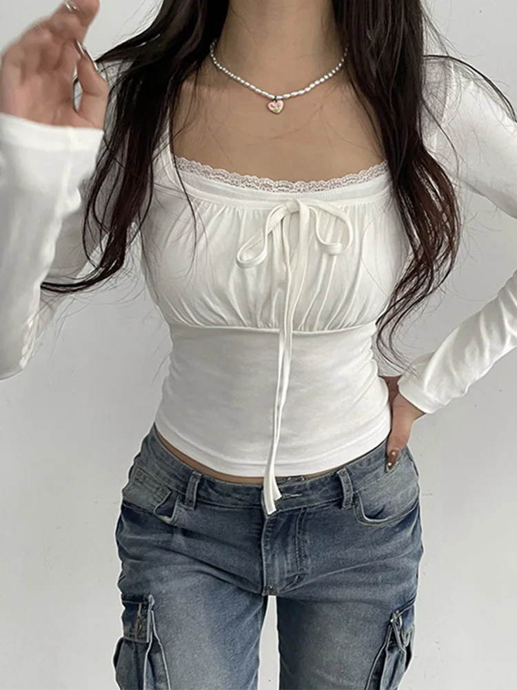 Bandage Folds Square Collar Crop Top Women Fairycore y2k White T Shirts Basic Knitted Elegant Tees Vintage 2000s Clothing image 3