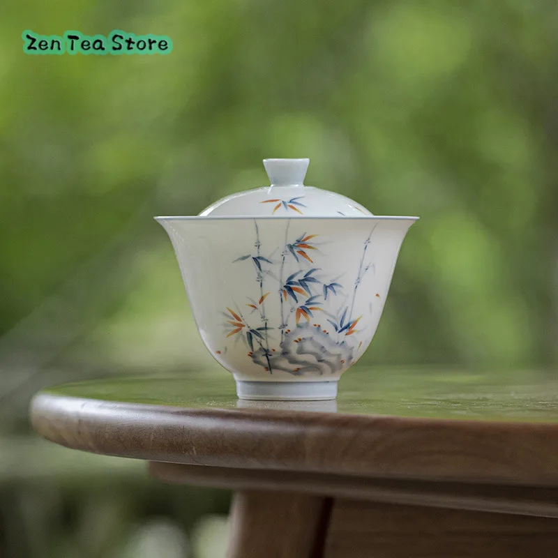 

Hand-painted Blue And White Ceramic Cover Bowl Under Glaze Color Bamboo Literati Home Tea Bowl Kung Fu Tea Set Tea Bowl