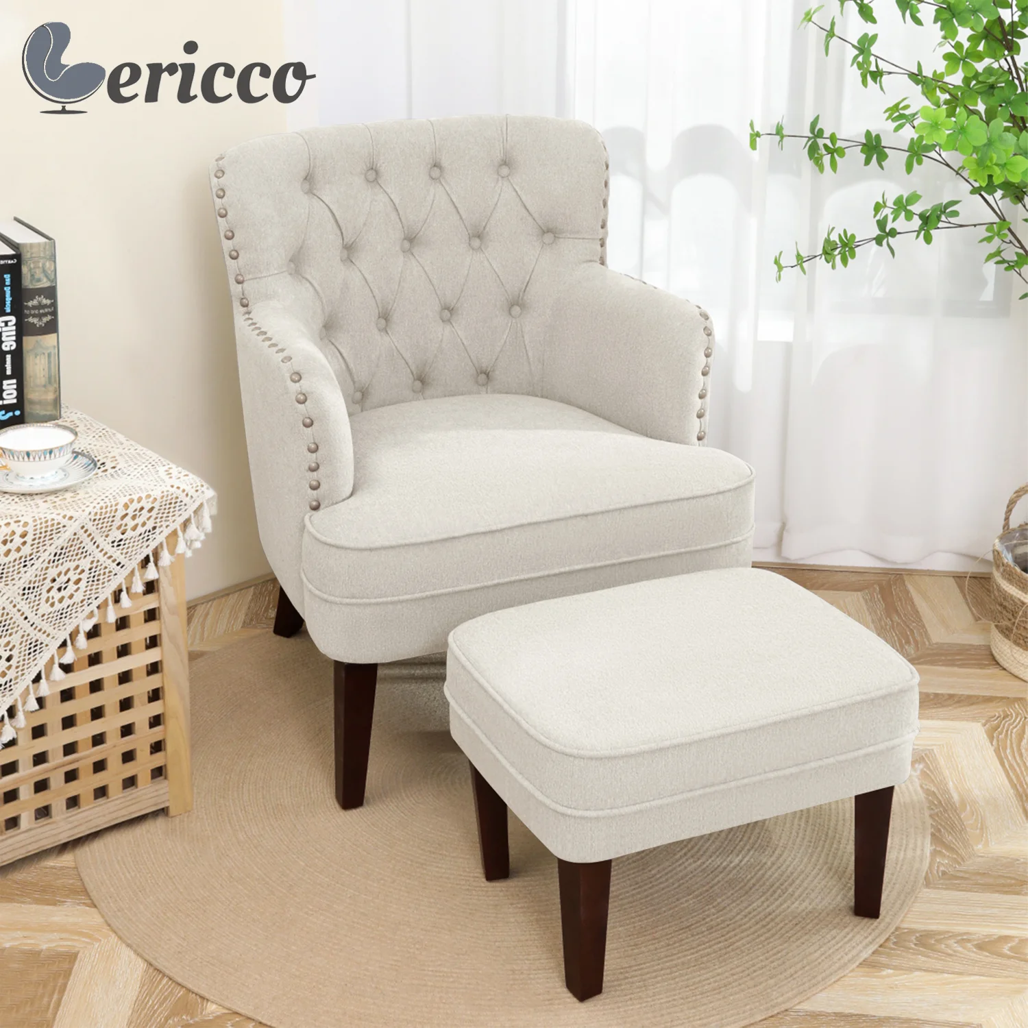 GERICCO Sofa Chair with Ottoman Button Tufted Rivet Lazy Sofa Lounge Armchair Creative Design Living Room Upholstered Couches