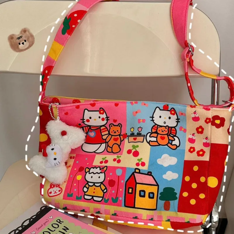 Miniso Hellokitty Canvas Crossbody Bag Cute Cartoon KT Print Shoulder Bag Zipper Japanese Bag College Student Red Bag Girl Gifts