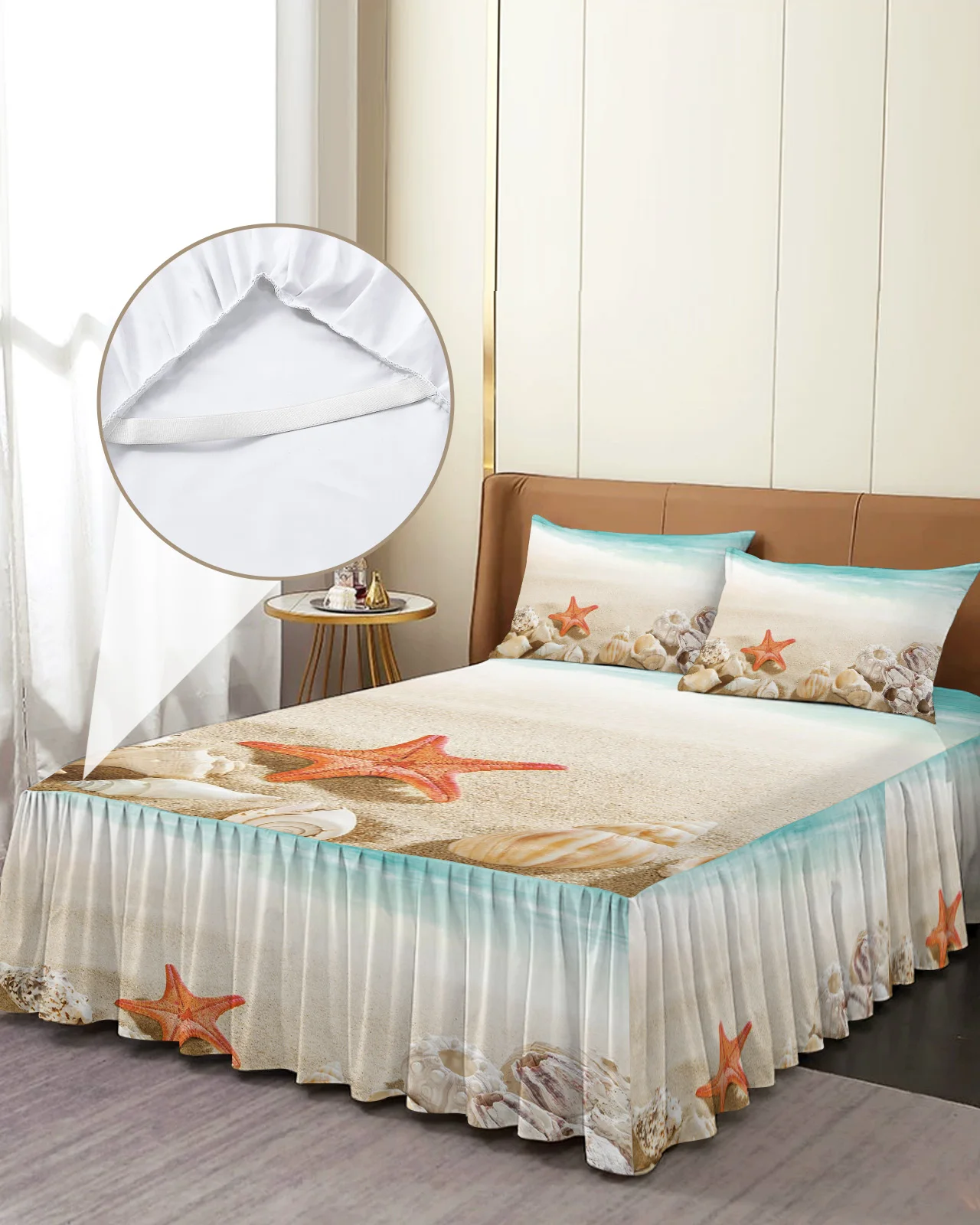 Ocean Beach Starfish Shell Bed Skirt Elastic Fitted Bedspread With Pillowcases Mattress Cover Bedding Set Bed Sheet