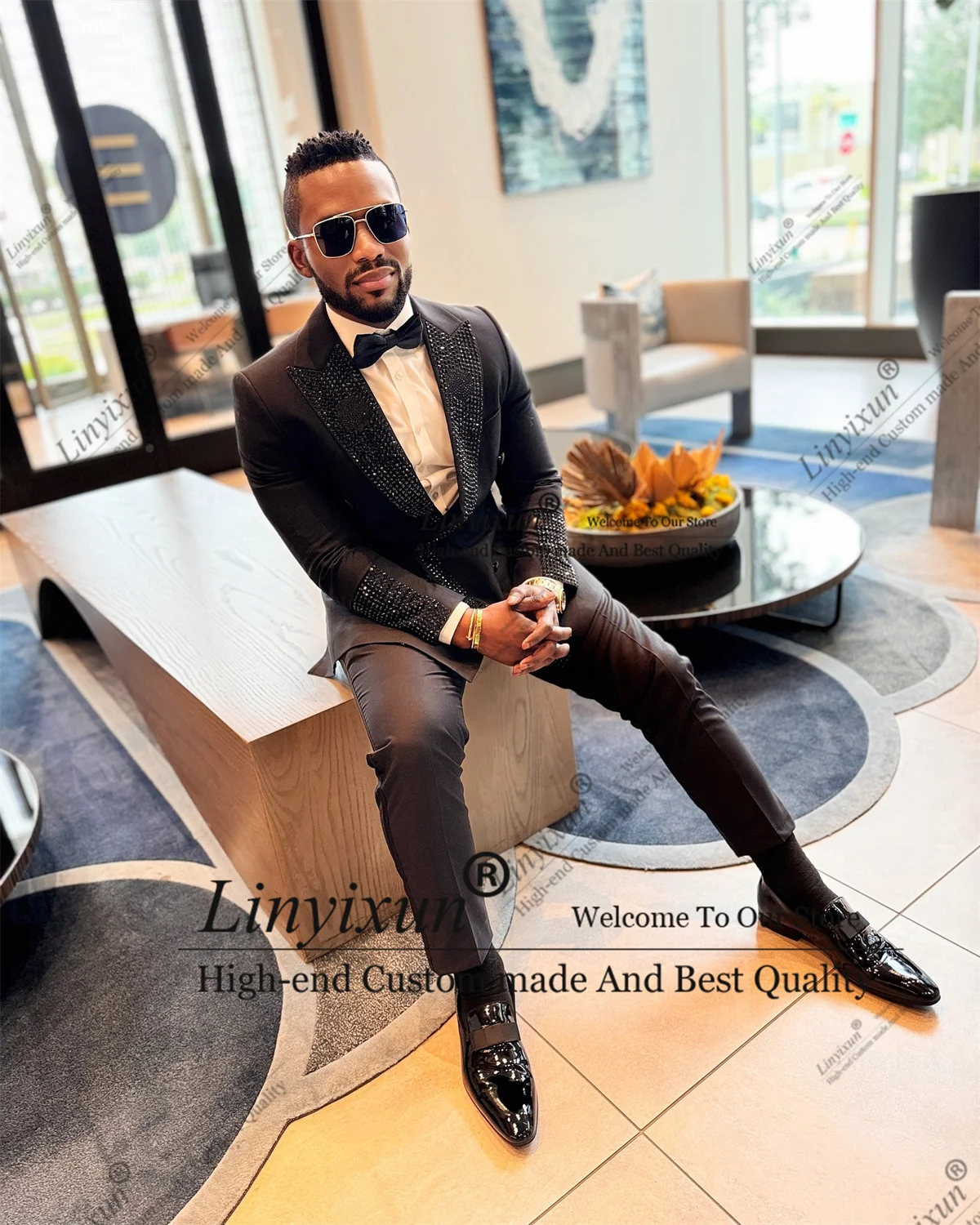 Elegent Crystal Men Suit Glitter Fashion Male Prom Blazers Customized 2 Pieces Sets Wedding Groom Tuxedos Slim Costume Homme