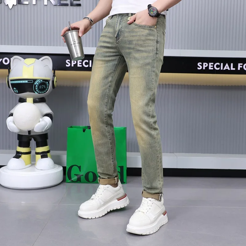 Retro Yellow mud-color jeans men's summer thin stretch slim fit skinny simple all-match Street skinny long pants