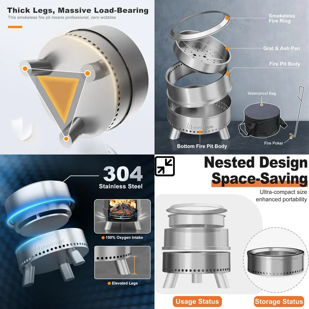 

20-дюймовая уличная дровяная костра из нержавеющей стали, бездымная конструкция, водонепроницаемая сумка в комплекте, портативная для кемпинга и заднего вида