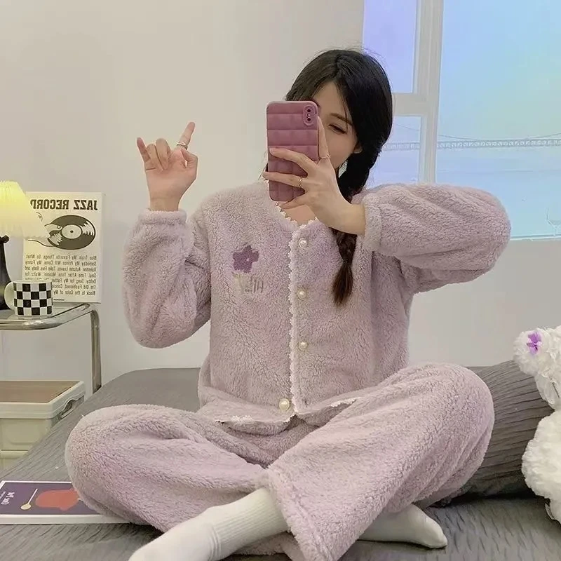 

2pcs/Set Autumn Winter Flannel Pajamas Women Thicken O-Neck Sweet Warm Coral Fleece Girls Sleepwear Homewear Cardigan Trousers