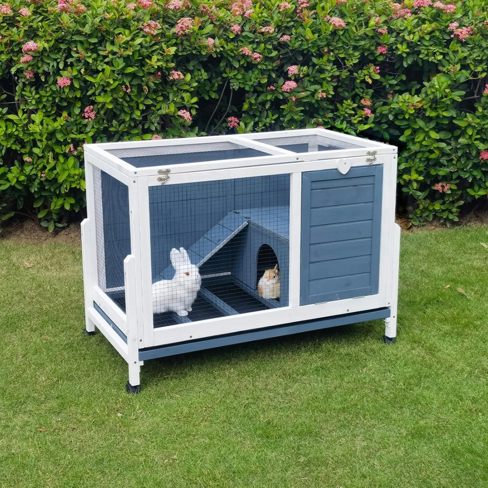 US Wooden Indoor Bunny Hutch Rabbit Cage on Wheels Guinea Pig PET House for Small to Medium Animals Waterproof