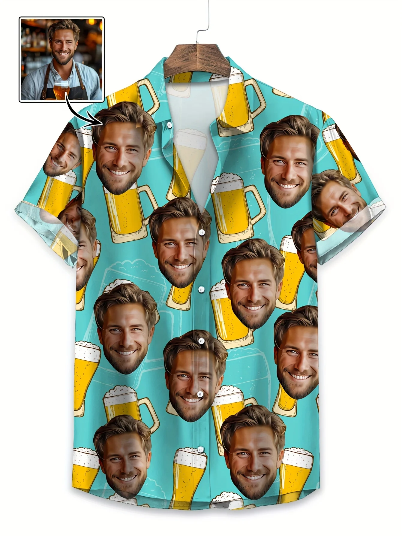 

Mens Personalized Photo Hawaiian Shirt Custom Face Photo Beer Casual Lapel Button Down Shirt Valentine's Day Gift Holiday Gift