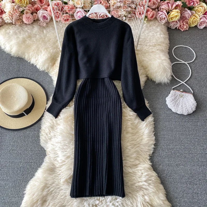 2023 Fall Winter Fashion Elegant Half Turtleneck Loose Batwing Sleeve Sweater Two-Piece  Sets Women V-neck Brace Sheath Dress