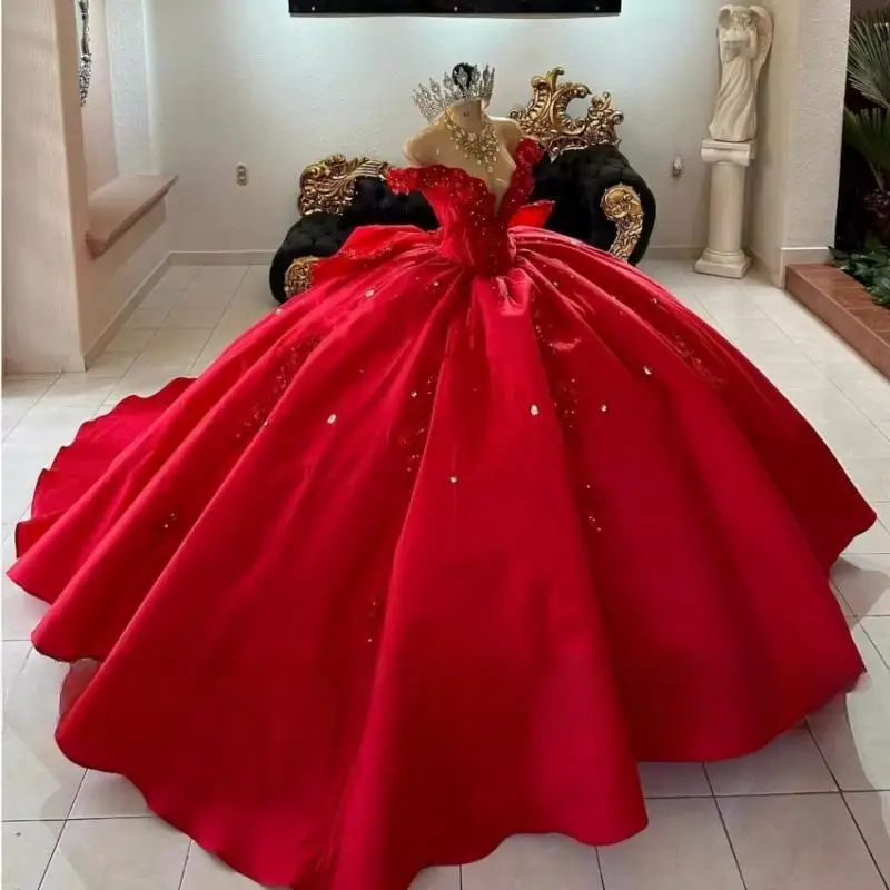 Customized Red Quinceanera Dress Ball Gown Bead Diamonds Appliques Graduation Party Gowns Vestidos De 15 Años With Bow