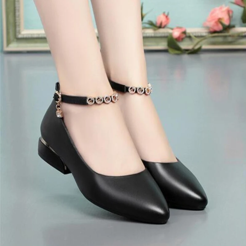 Women's Shiny Rhinestone Luxury String Low Heel Plus One Button Professional High Heels Thick Heels Fashionable Single Shoes
