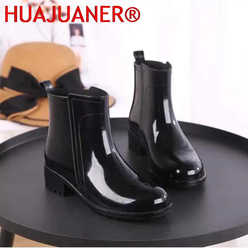 Botas de lluvia para mujer, suela de goma impermeable, tacón bajo, zapato de invierno, tubo medio, moda, nuevo diseño de marca, botines