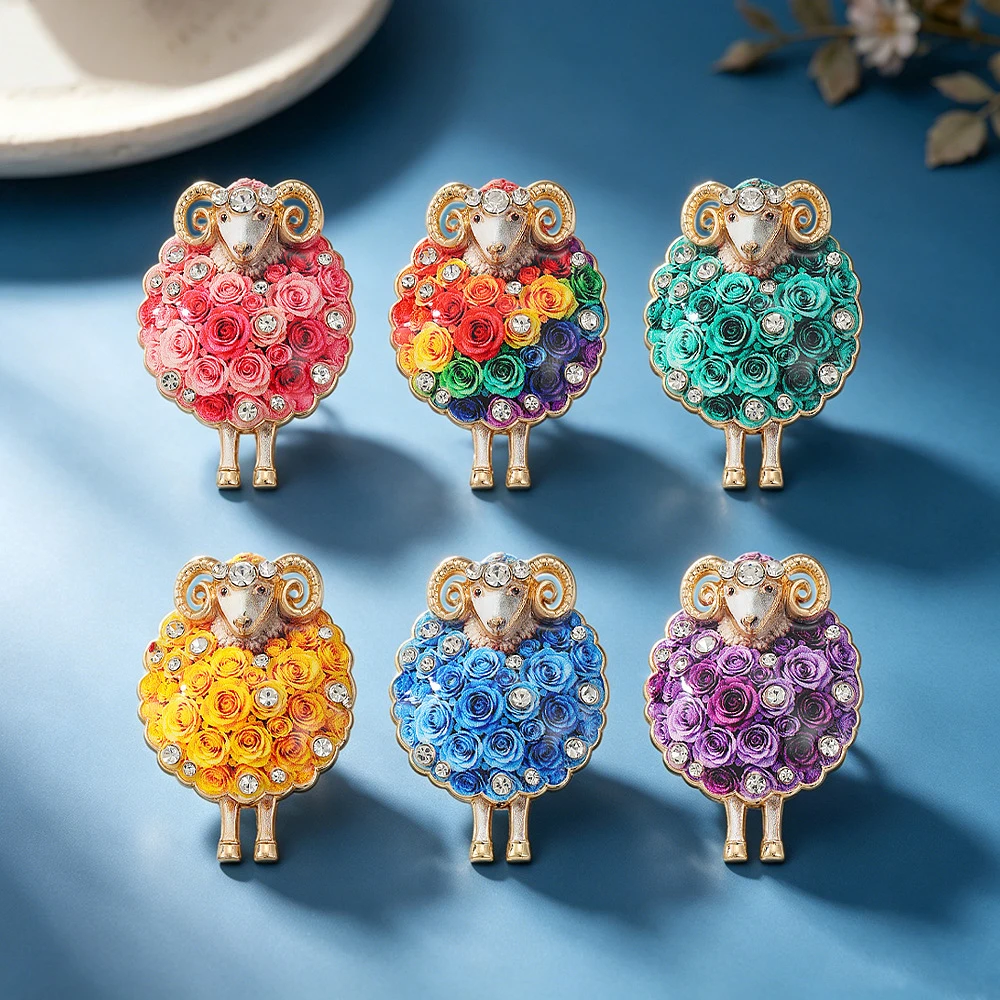 Cross border niche luxury sheep brooch, women's high-end winter accessories roll horn antelope brooch fashion chest flower