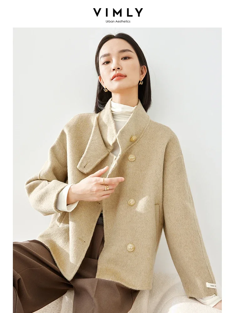 Vimly 2023 Winter Wool Coats for Women Stand Collar Single Breasted Overcoat Female Thick Warm Long Sleeve Cropped Jacket 50759