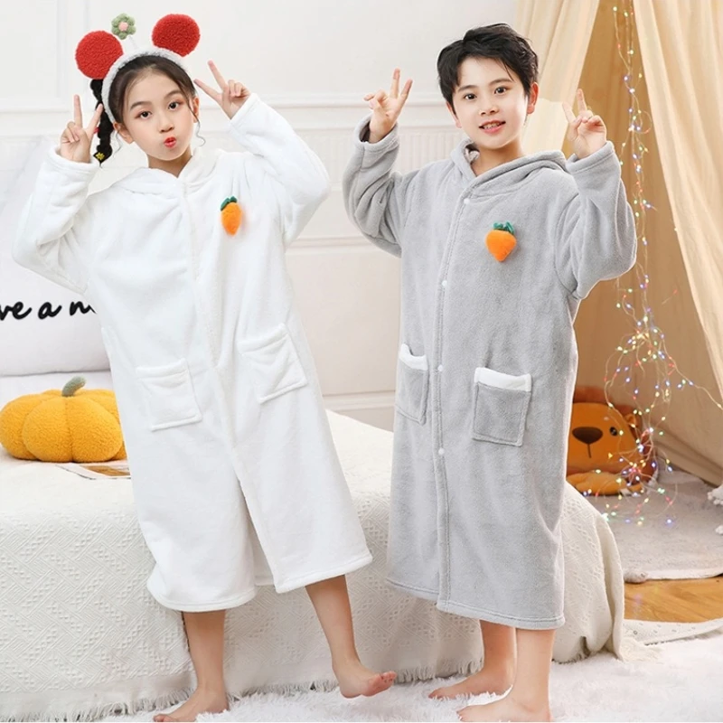 Cartoon Kids Long Sleeve Boys and Girls Flannel Hooded Sleepwear Robe Bath Towels Junior Pajamas Clothing Comfort Soft Home Wear