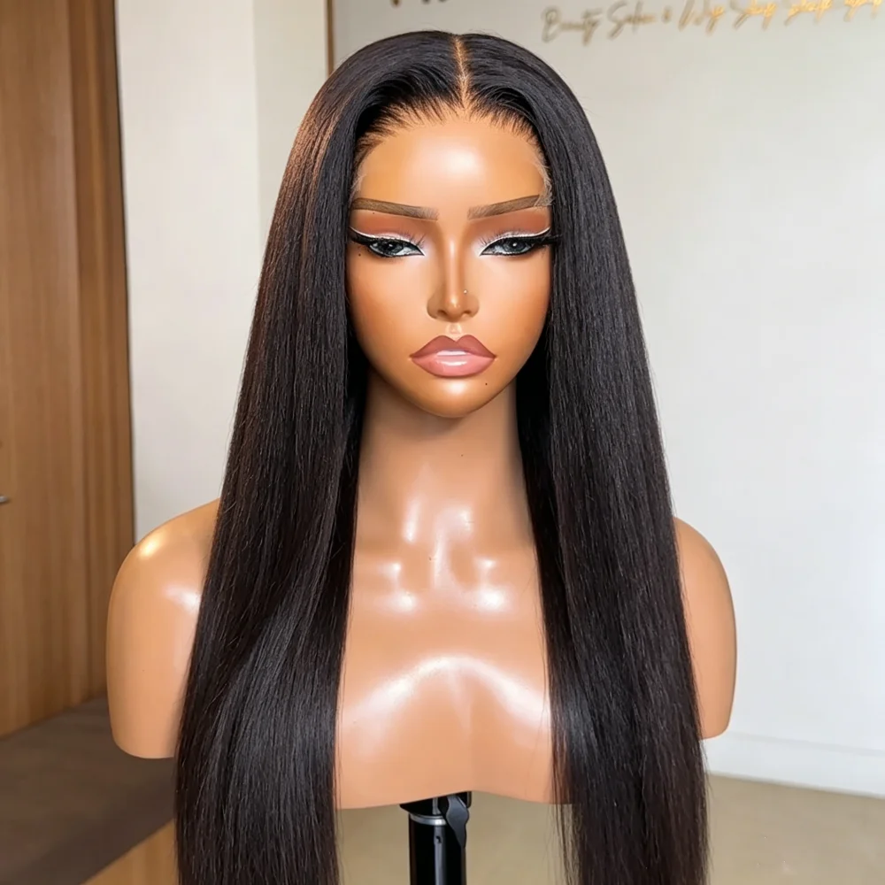 

Soft Black Yaki 30 inch180 Density Kinky straight Preplucked Lace Front Wig For Women Natural Hairline Synthetic BabyHair