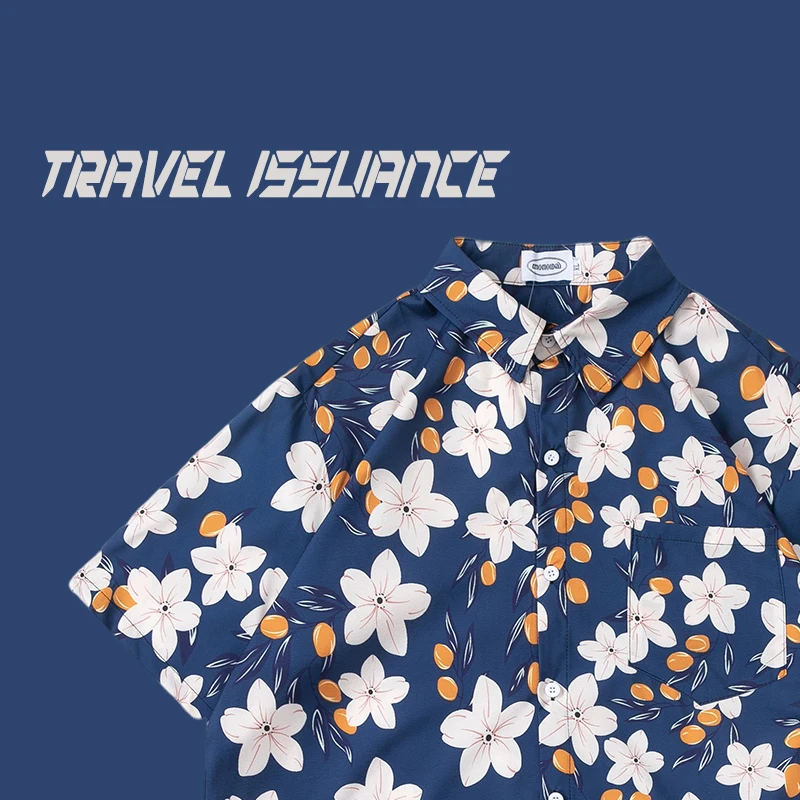 Travel Issuance White Enhancing Klein Blue Floral Graffiti Loose Short Sleeve Summer Hawaiian Style Shirt Men's Fashion