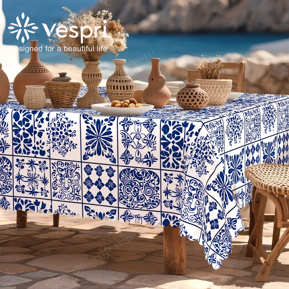 Vespri Mediterranean tablecloth, with white and blue decorations, featuring checks and patterns, exuding a seaside atmospherexzj