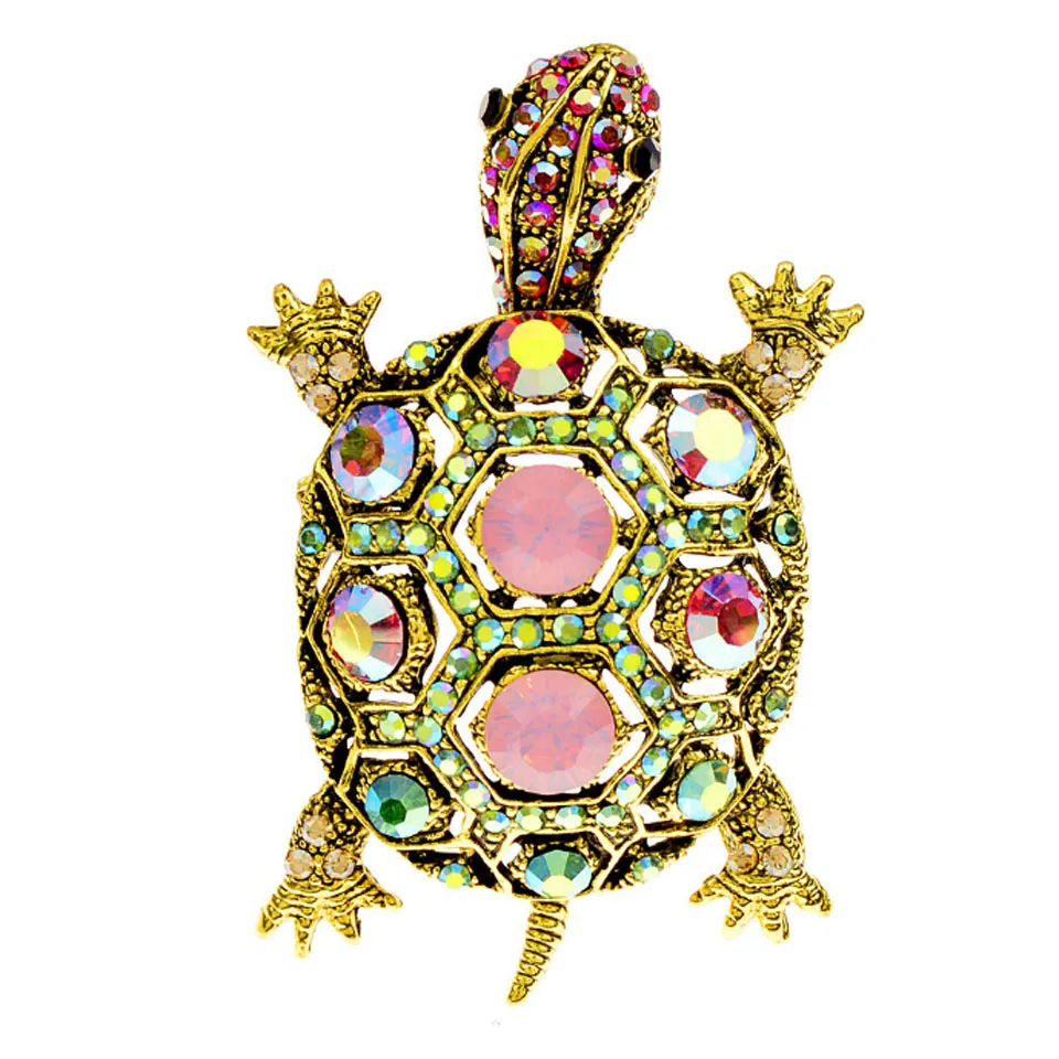 Zlxgirl Green Rhinestone Turtle Brooch Pin Cute Kawaii Vintage Tortoise Brooches Kids Gift Animal Hijab Pins Bags Accessories