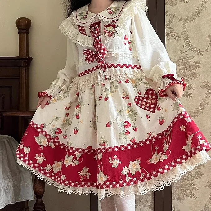Original Lolita Vest Coats Female Cute Sweet Girls Japanese Style Top Women\'s Bow Strawberry Embroidery Lace Clothes New