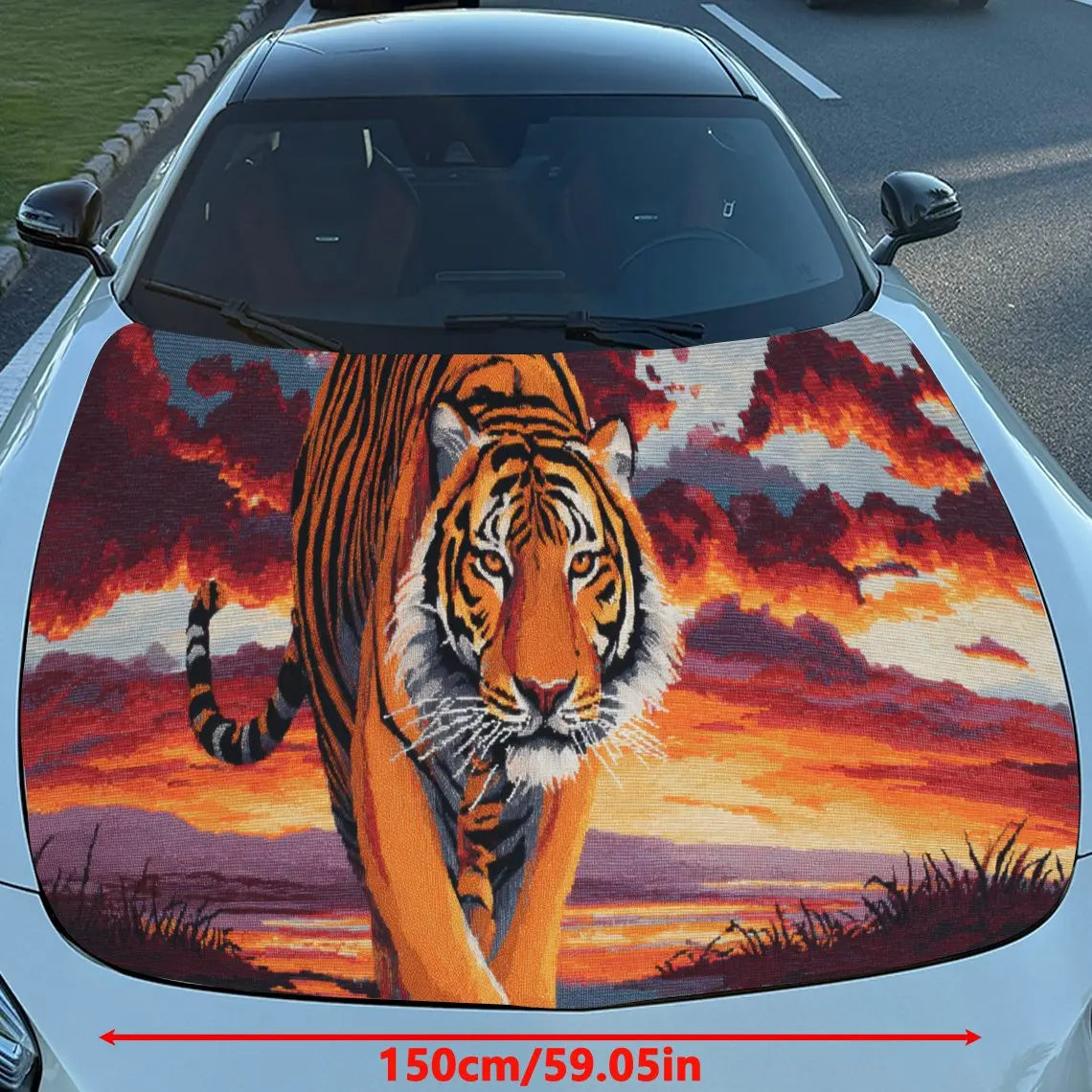 Walking Animal Tiger Orange Sunset PVC Car Hood Wraps, Self-Adhesive Waterproof Car Bonnet Decal Sticker, Car Decoration Protect