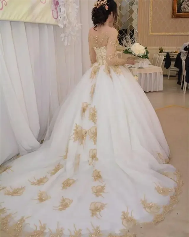 Robe de Mariée Moderne Personnalisée en Dentelle Dorée, Tenue à Manches sulf, Balayage Perlé, pour Patients Formels